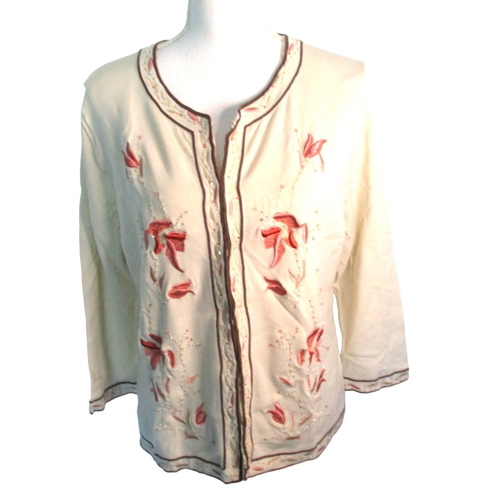 Indigo Moon Women's Long Sleeve Cream Lined Embroidered Cardigan Sweater Size L